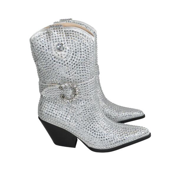 Azalea Wang Federica Silver Crystal Shortie Western Cowgirl Boots Rhinestone 6.5 - Picture 14 of 14